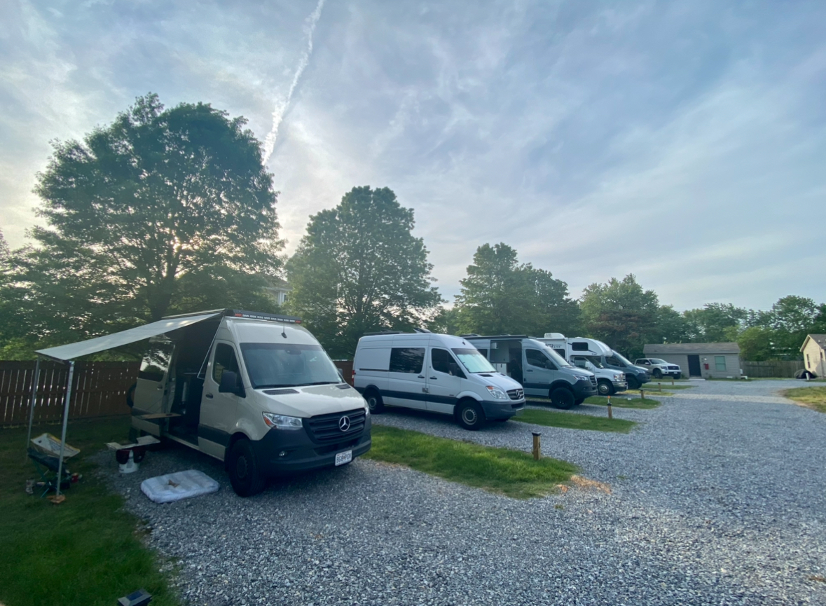 Camper vans parked on the RV pads at The Bike Inn